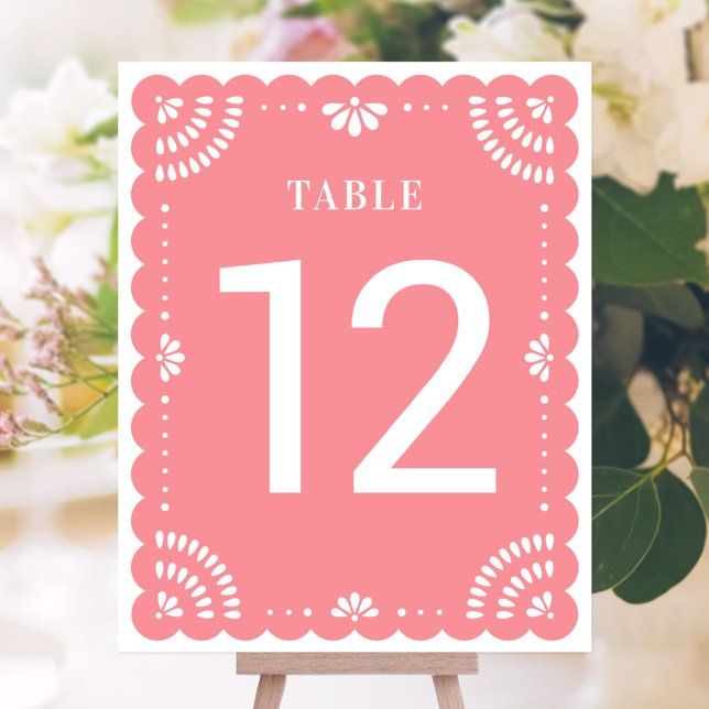 Modern Papel Picado Wedding Table Number, Rose (Mexican Papel Picado Table Number)