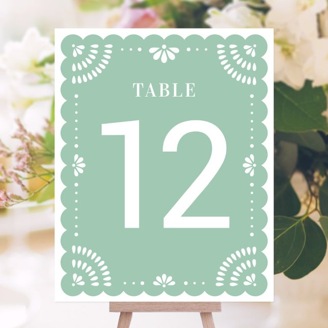 Modern Papel Picado Wedding Table Number, Sage (Mexican Papel Picado Table Number)
