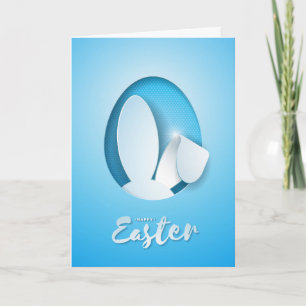 Modern paper cut Easter bunny ear, blue Holiday Card