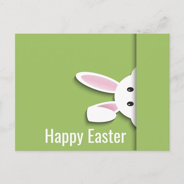 Modern paper cut peeking Easter bunny, green Postcard (Front)