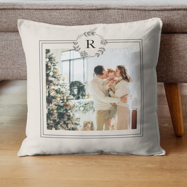 Modern Parchment | Family Photo | Initial Throw Pillow (Creator Uploaded)