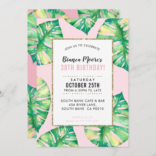 MODERN PARTY INVITE tropical monstera leaves (Front/Back)