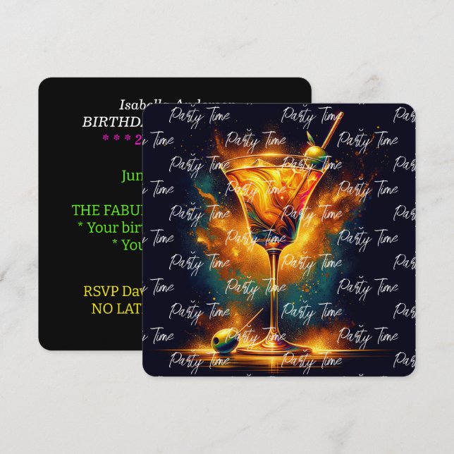 Modern Party Time Neon Personalized Invitation (Front/Back)