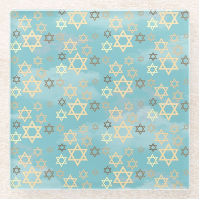 Modern Passover Blue Sky Stars of David Glass Coaster (Front)