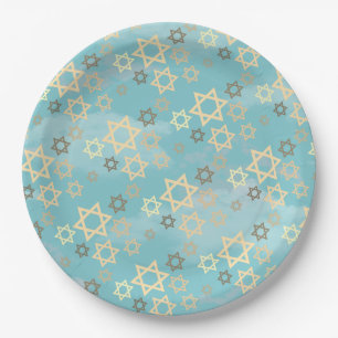 Modern Passover Blue Sky Stars of David Paper Plate