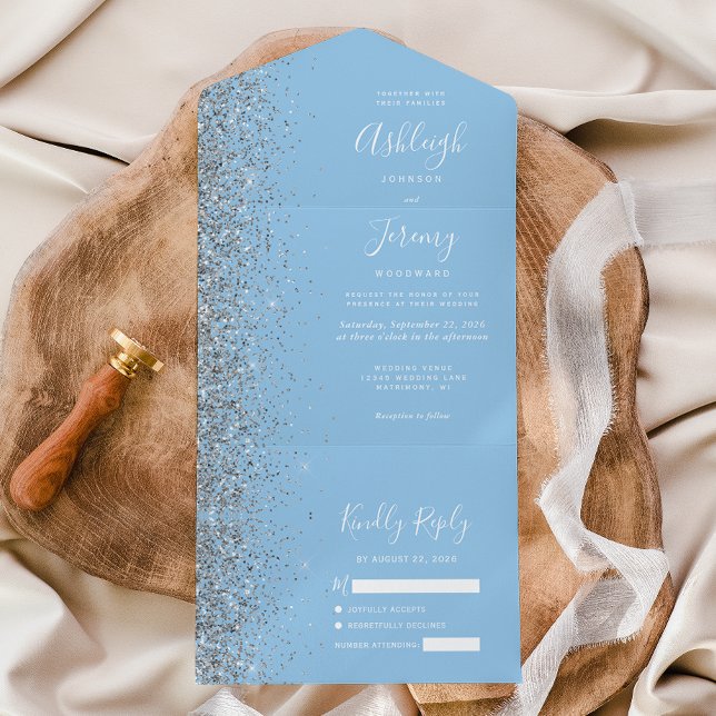 Modern Pastel Baby Blue Silver Glitter Wedding All In One Invitation (Creator Uploaded)