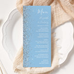 Modern Pastel Baby Blue Silver Glitter Wedding Menu<br><div class="desc">The left-hand edge of this elegant modern wedding menu features a silver faux glitter design. The customizable text combines white handwriting,  copperplate and italic fonts on a pastel baby blue background. The reverse side features a matching baby blue and silver glitter design.</div>
