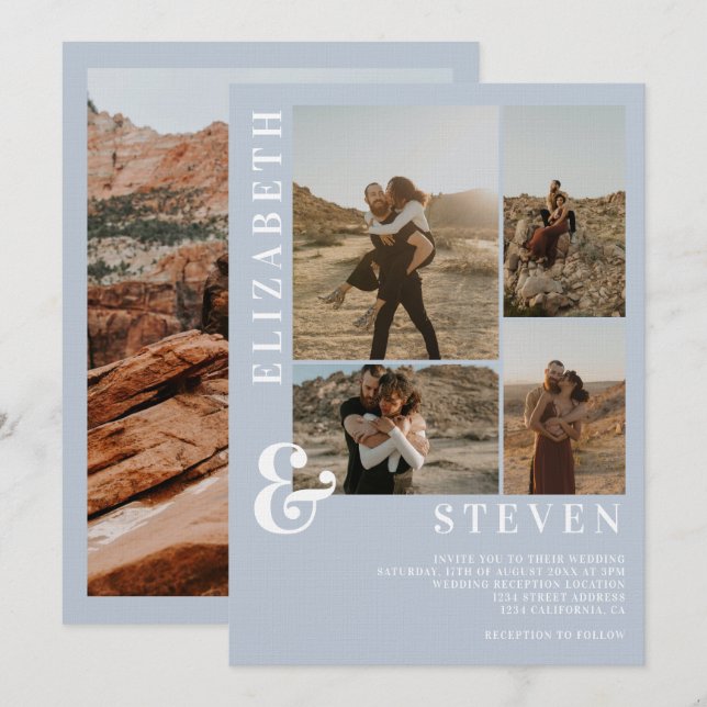 Modern pastel blue ampersand 5 photo grid wedding invitation (Front/Back)