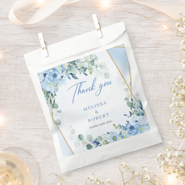 Modern pastel blue flowers eucalyptus gold frame  favour bag (Clipped)