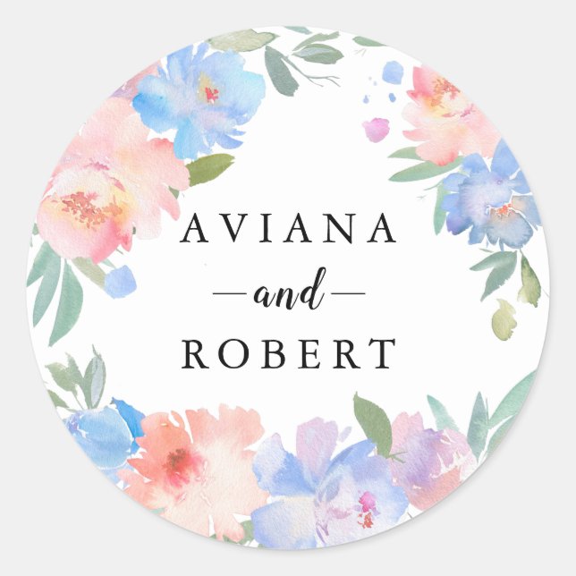 Modern Pastel Blue Pink Wreath Wedding Favour Classic Round Sticker (Front)