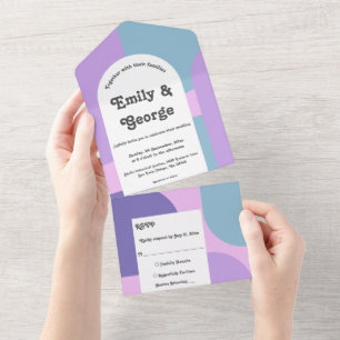 Modern Pastel Blue Purple Retro Abstract Wedding All In One Invitation