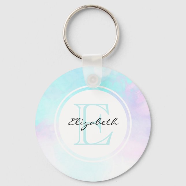 Modern Pastel Blue & Purple Watercolor Monogram Keychain (Front)