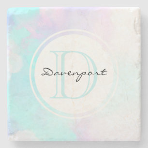 Modern Pastel Blue & Purple Watercolor Monogram Stone Coaster
