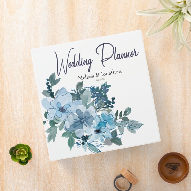 Modern Pastel Blue Roses Floral Wedding Planner Binder (In Situ)