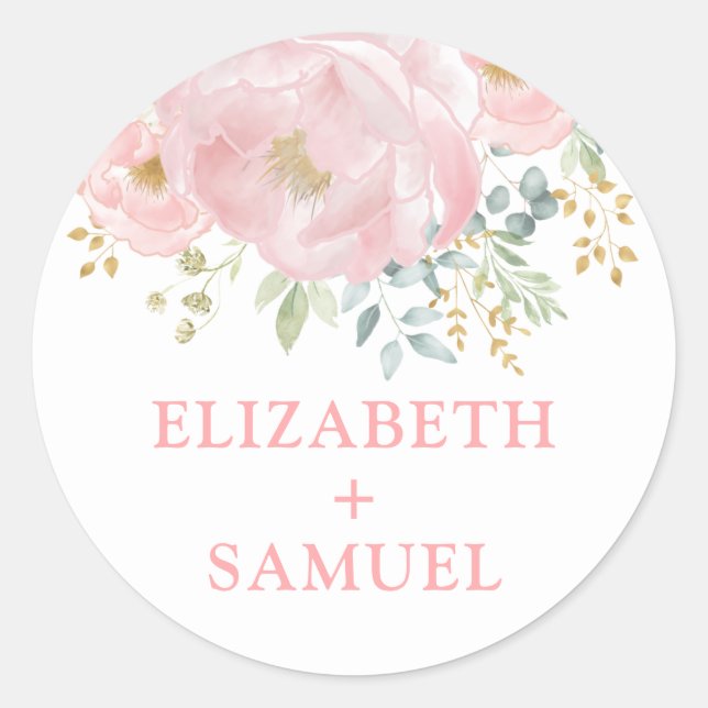 Modern Pastel Blush Pink Floral Greenery Wedding Classic Round Sticker (Front)
