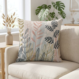 Modern Pastel Botanical Leaves Abstract Throw Pillow