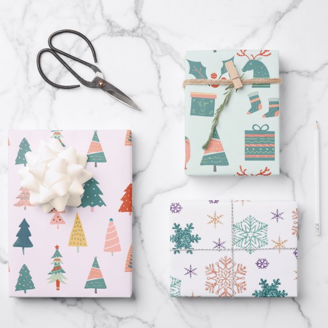 Modern Pastel Christmas Patterns Wrapping Paper Sheet (Front)