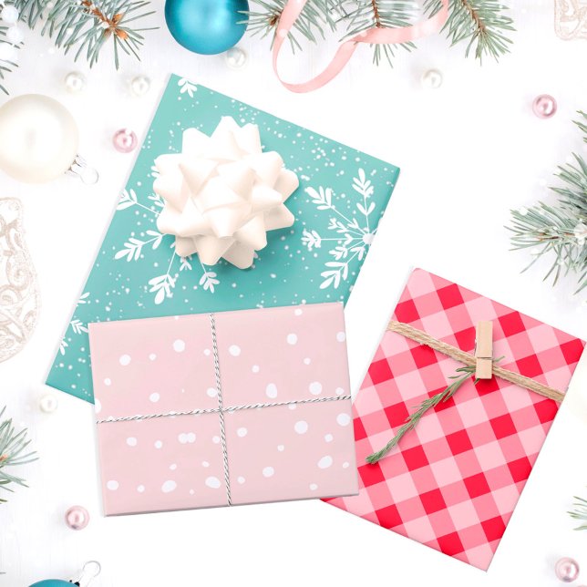 Modern pastel Christmas snow plaid dots pattern Wrapping Paper Sheet (Creator Uploaded)