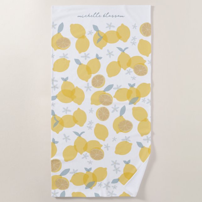 Modern Pastel Citrus Lemons Pattern Custom Name Beach Towel (Front)
