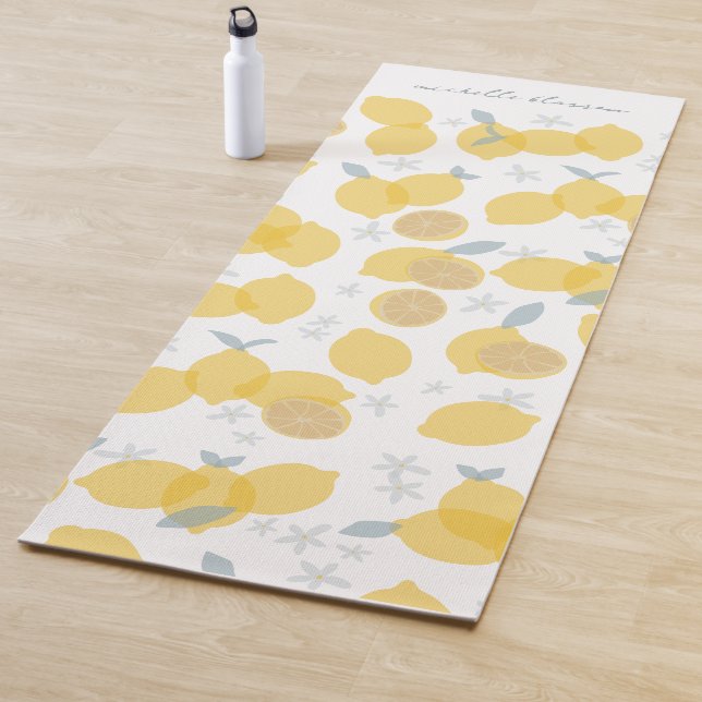 Modern Pastel Citrus Lemons Pattern Custom Name Yoga Mat (In Situ)