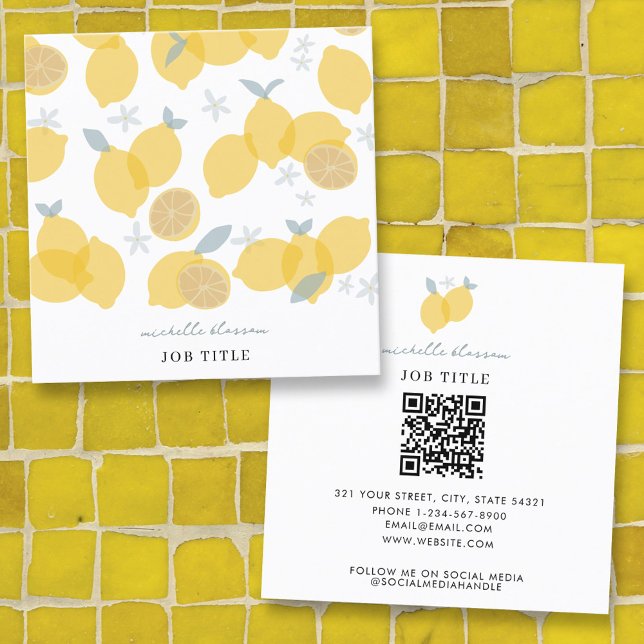 Modern Pastel Citrus Lemons QR Code Square Business Card (Modern Pastel Citrus Lemons QR Code Square Business Card)