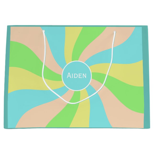 Modern pastel colour whimsical pattern kid's name large gift bag (Front)