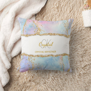 Modern Pastel Colours  Gold Glitter Monogram  Throw Pillow
