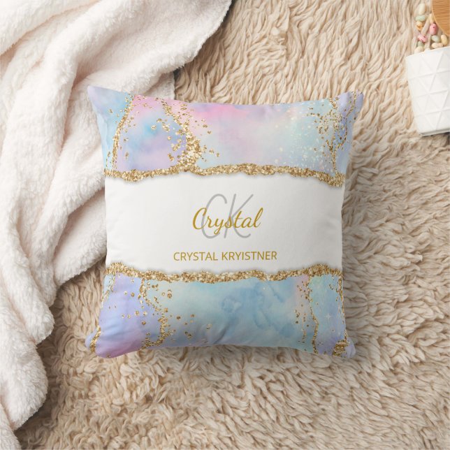 Modern Pastel Colours  Gold Glitter Monogram  Throw Pillow (Blanket)