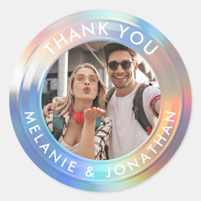 Modern Pastel Custom Holographic Wedding Thank You Classic Round Sticker (Front)