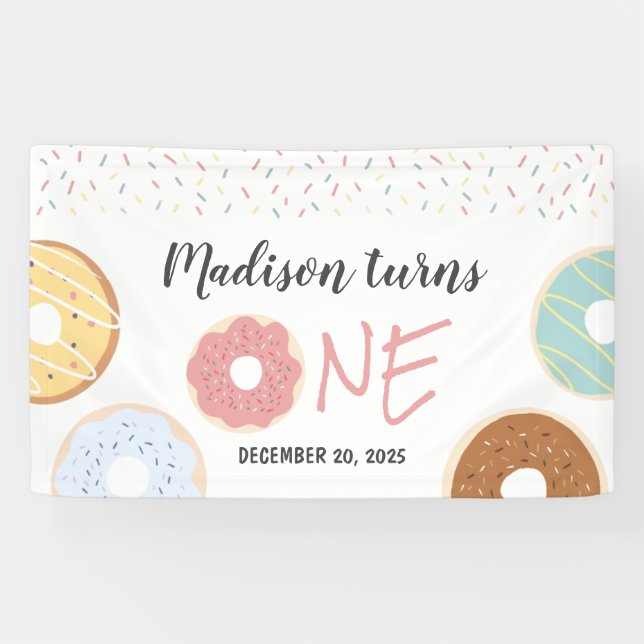 Modern Pastel Doughnuts and Sprinkles First Birthd Banner (Horizontal)