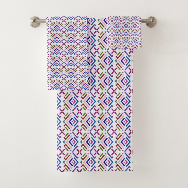 Modern Pastel Ethnic Geometric Diamond Pattern Bath Towel Set (Insitu)