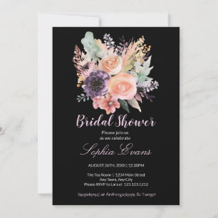 Modern Pastel Floral Bouquet Black Bridal Shower Invitation
