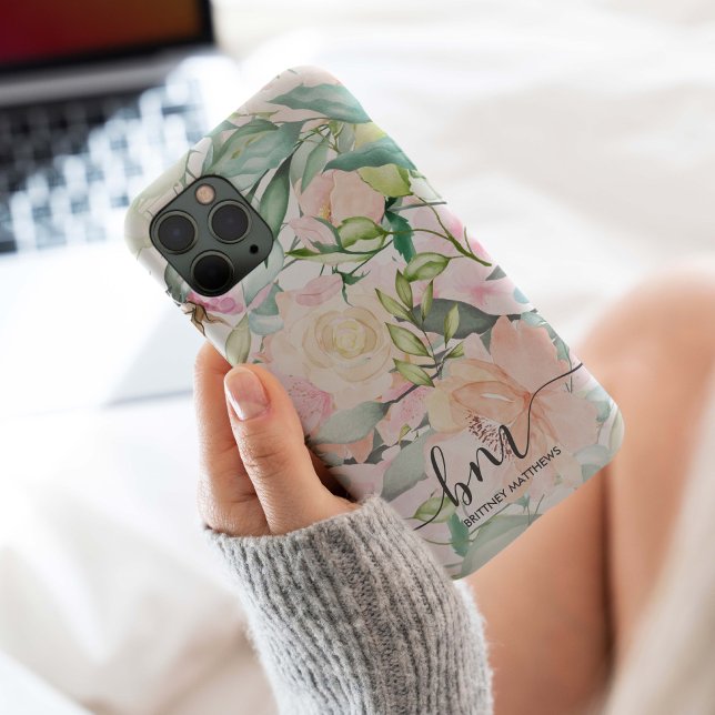 Modern Pastel Floral Monogram Case-Mate iPhone Case (Beautiful elegant pastel all over floral with a monogram creating a modern cell phone case design.)