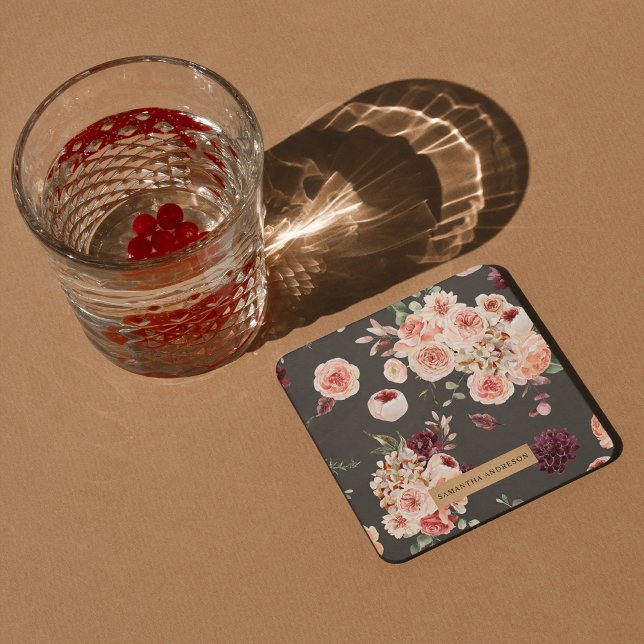 Modern Pastel Flowers & Kraft Personalized Gift Square Paper Coaster (Creator Uploaded)