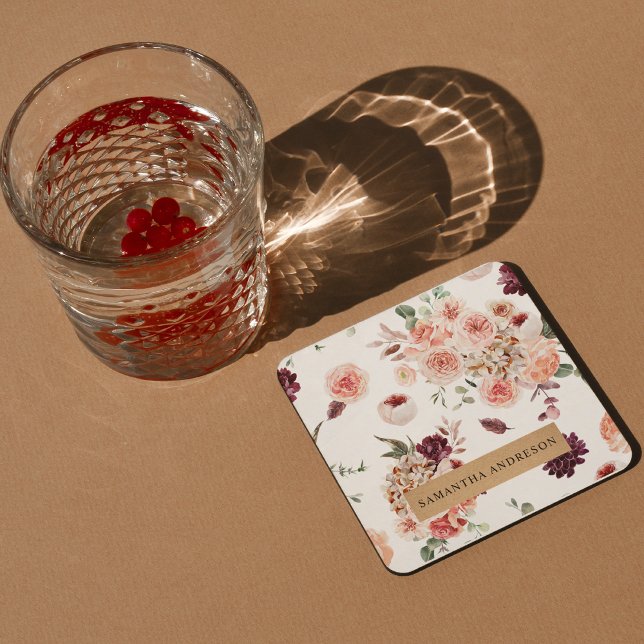 Modern Pastel Flowers & Kraft Personalized Gift Square Paper Coaster (Creator Uploaded)