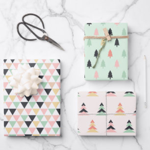 Modern Pastel Geometric Christmas Trees Pattern Wrapping Paper Sheet