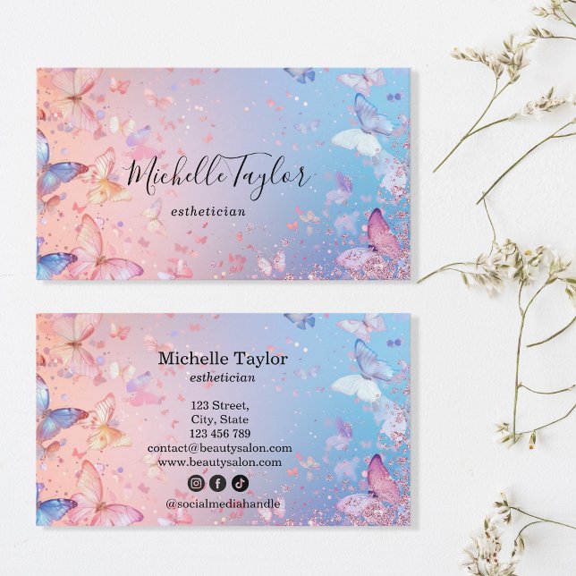 Modern Pastel Glitter Butterfly Estheticia Makeup  Business Card (Creator Uploaded)