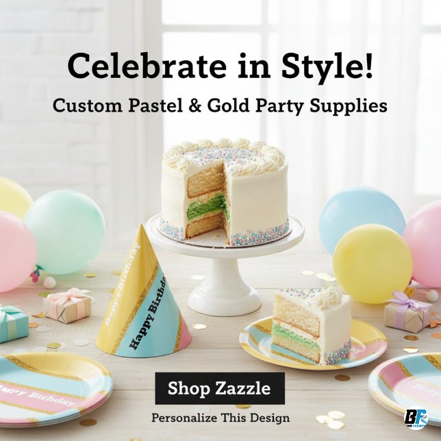 Modern Pastel & Gold Glitter Stripe Happy Birthday Party Hat (Creator Uploaded)