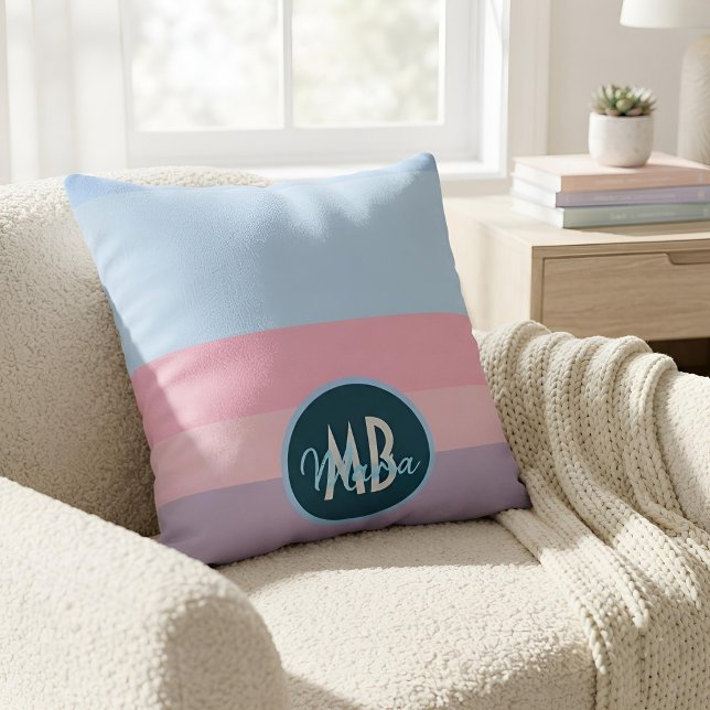 Modern Pastel Gradient Stripes Pattern Custom Name Throw Pillow (Creator Uploaded)