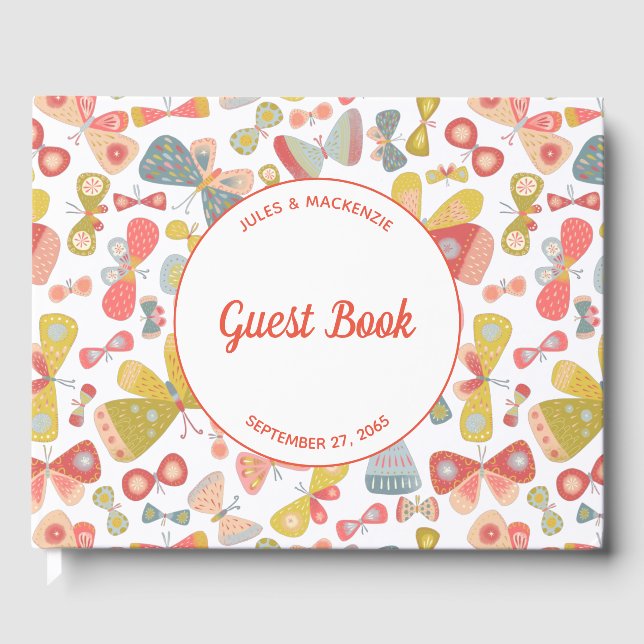Modern Pastel Graphic Butterfly Pattern Wedding Guest Book (Front)