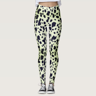 Modern Pastel Green Black Cow Skin Spots Pattern  Leggings