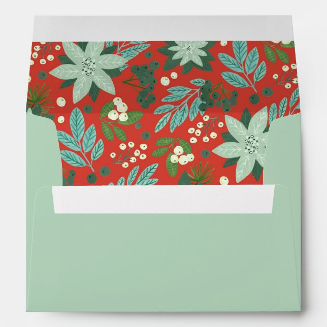 Modern Pastel Mint Green Floral Christmas  Envelope (Back (Bottom))
