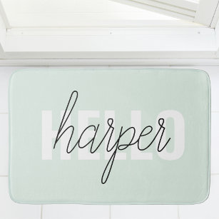 Modern Pastel Mint Hello And You Name Bath Mat