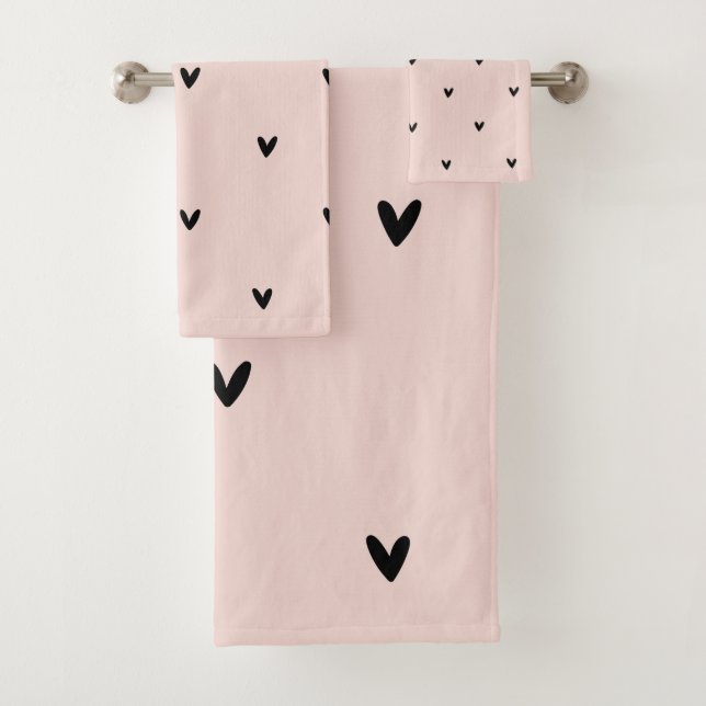 Modern Pastel Pink And Black Hearts Pattern Bath Towel Set (Insitu)
