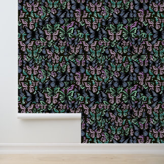 Modern, pastel pink and green, black, butterfly wallpaper