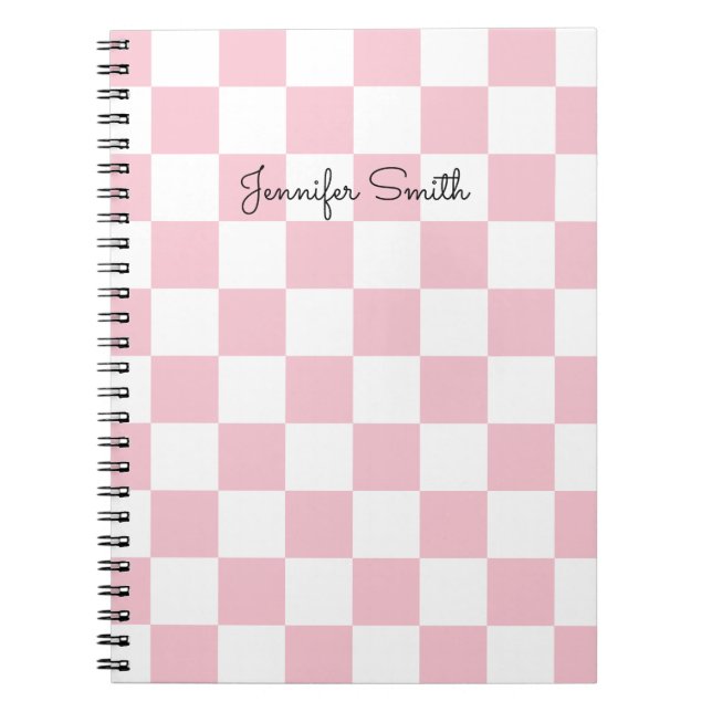 Modern Pastel Pink and White Chequered Notebook (Front)