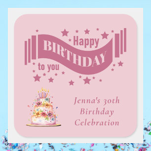 Modern Pastel Pink Colourful Happy Birthday Square Sticker