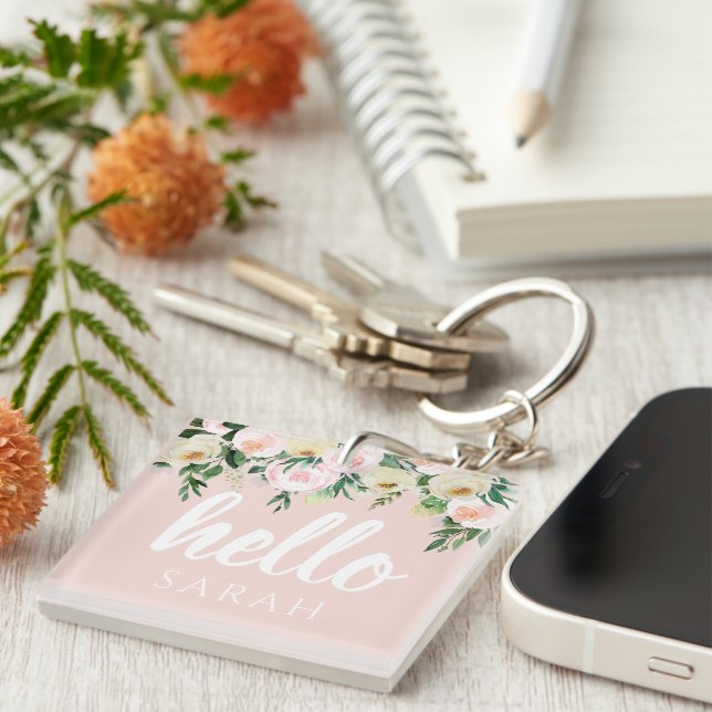 Modern Pastel Pink Flowers Hello And You Name Keychain (Front Right)
