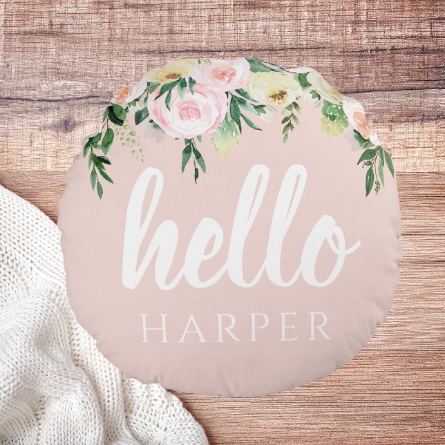 Modern Pastel Pink Flowers Hello And You Name Round Pillow (Creator Uploaded)
