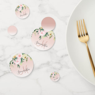 Modern Pastel Pink & Flowers With Name Confetti